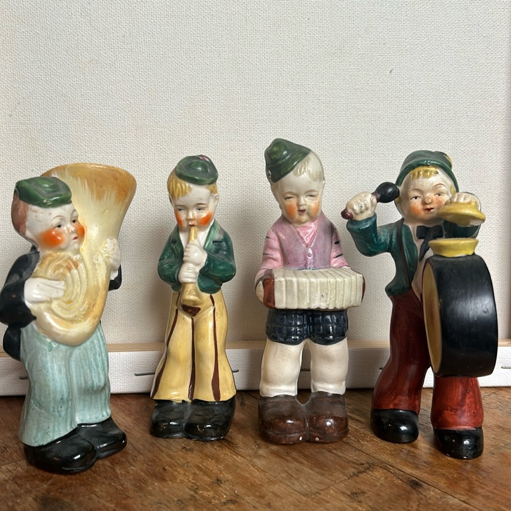 Set of 4 Japan Figurines Playing Musical Instruments - Drums, Tuba, Accordion +